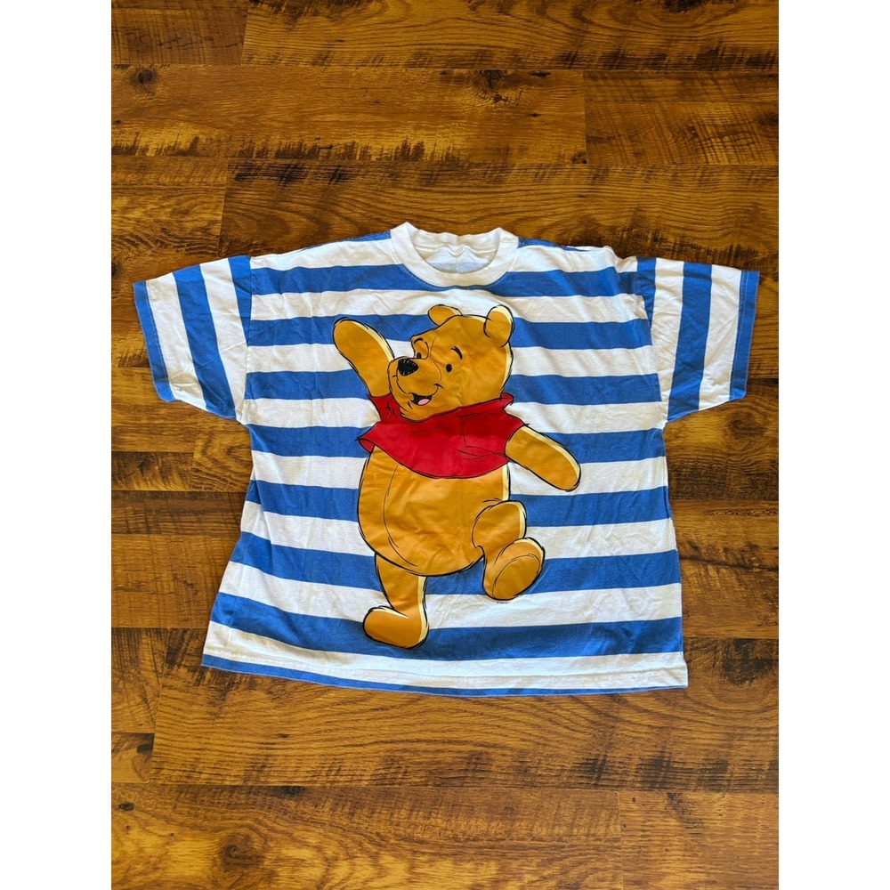 Vintage Disney Winnie the Pooh Shirt adult blue striped Boxy Shirt No Tag READ